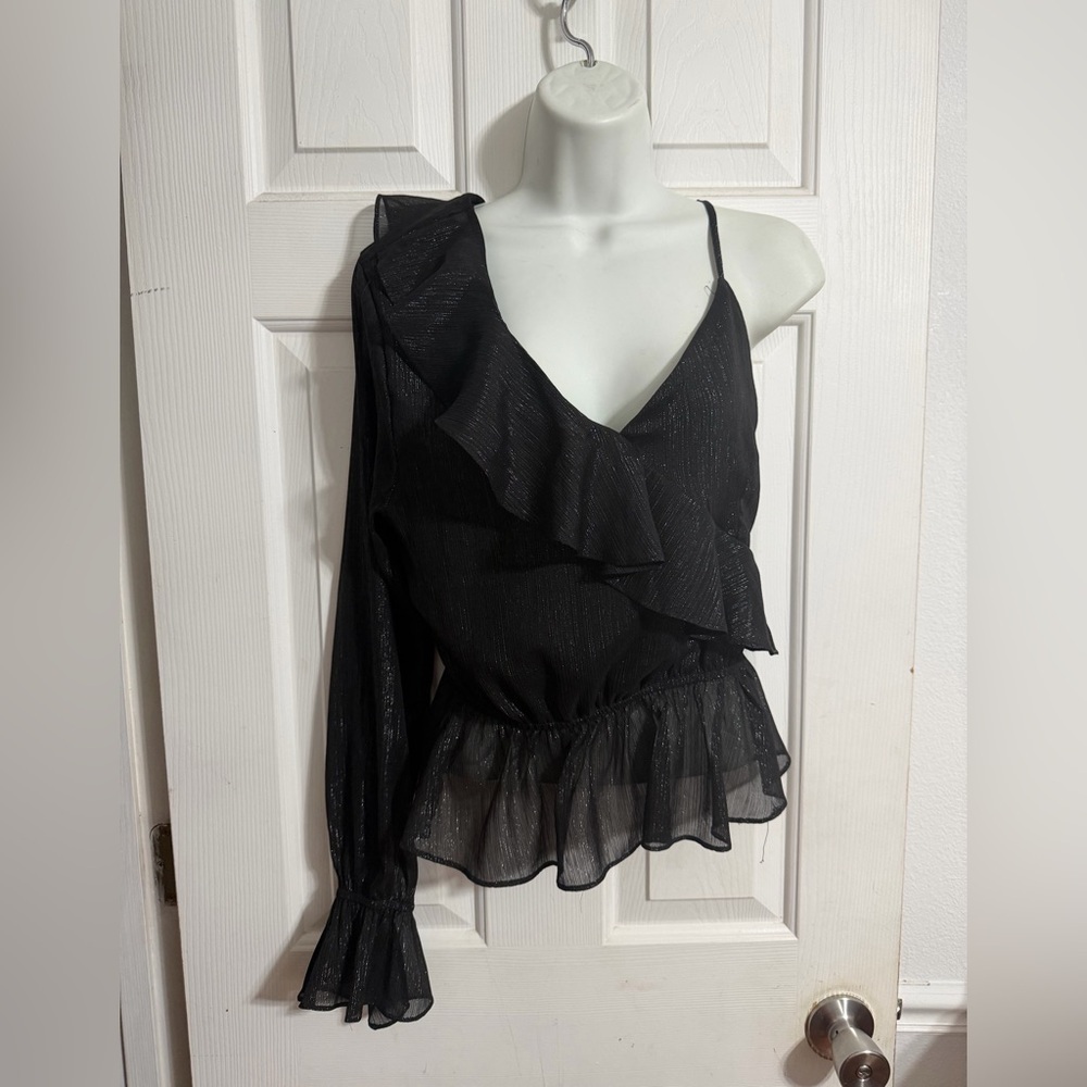 Fashion Nova Black Metallic One Shoulder Ruffle V- Neck Gothic Top XL